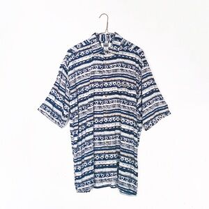 90s rayon button down - mens medium - blue gray tan white abstract print